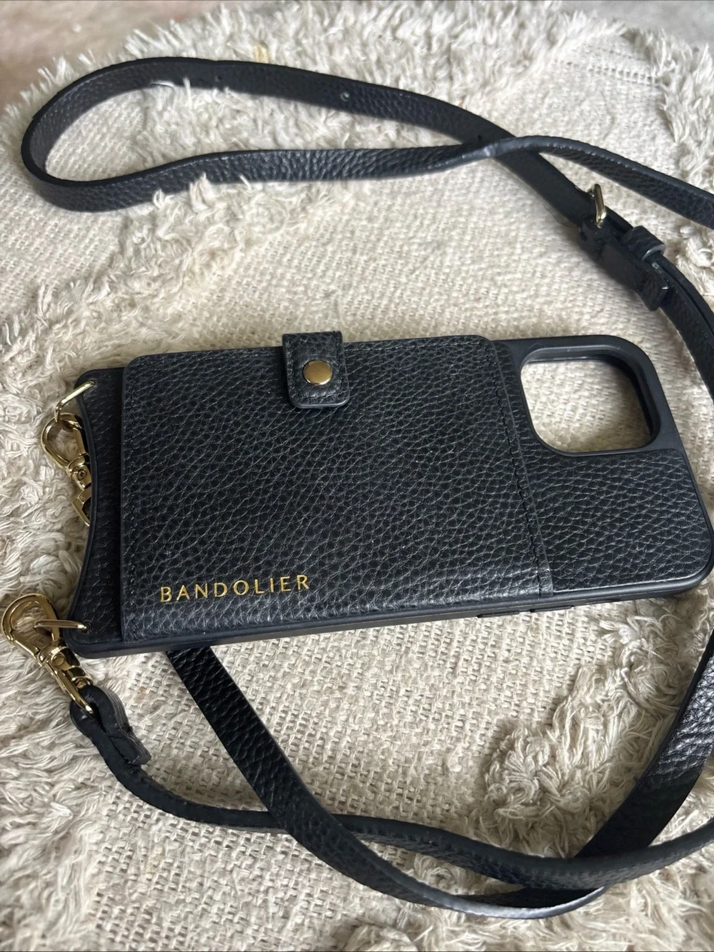 Bandolier Black Leather Crossbody Phone Wallet Gold Hardware iPhone 15 plus